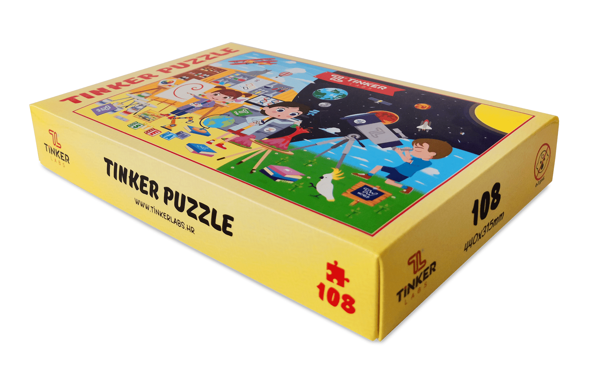 Kutija Tinker Puzzle za slaganje koja se sastoji od 108 komada.